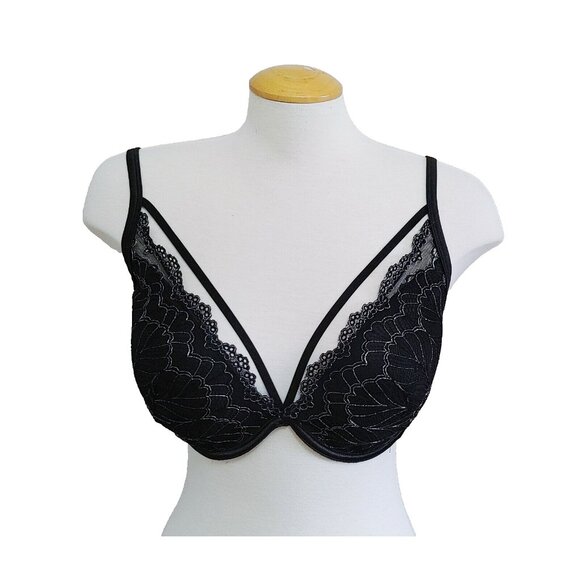 Iris & Lilly Black Underwire Cage Bra Size US 36DD w/silver Floral Overlay - Picture 1 of 4